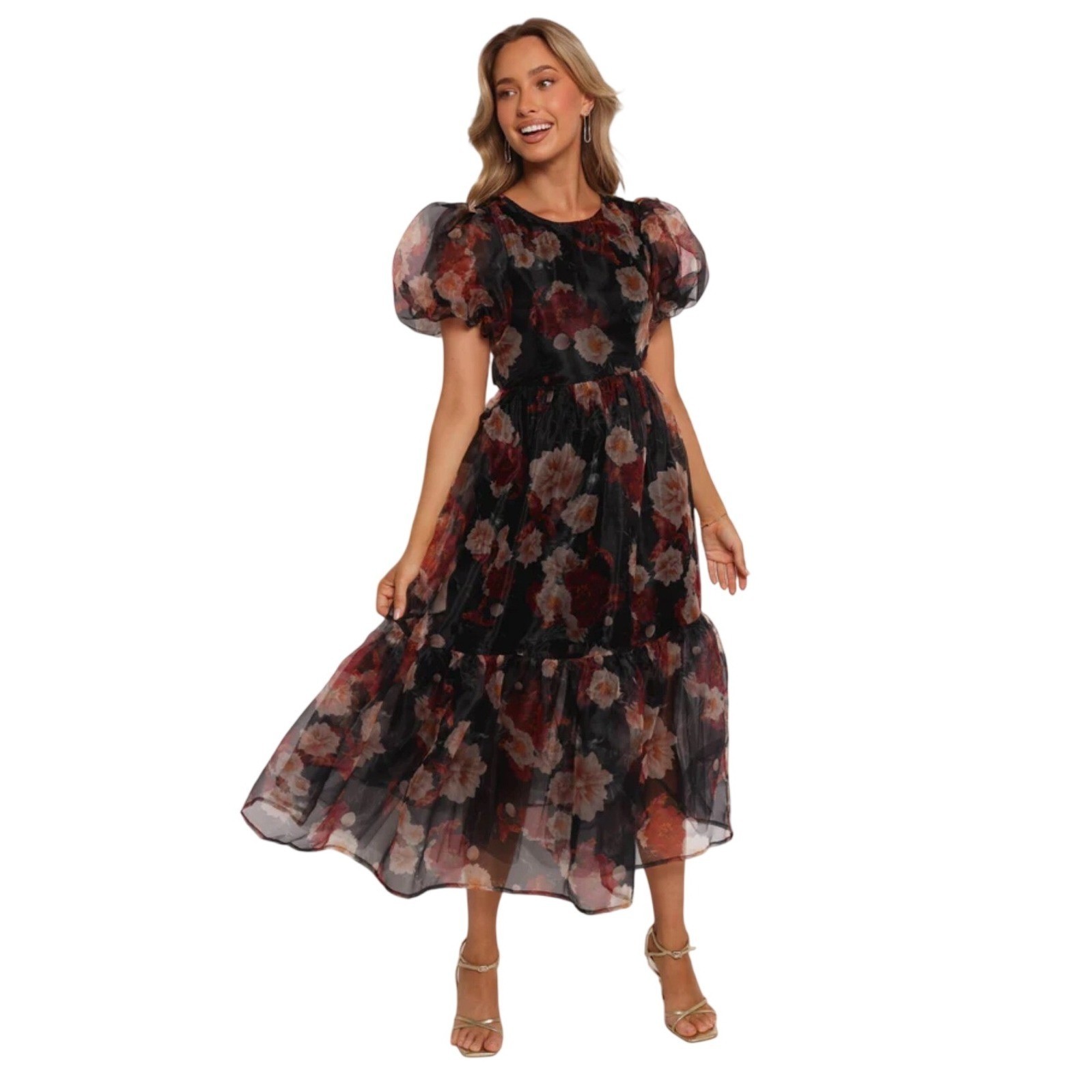 Petal And Pup Floral Bow Puff Sleeve Ruffle Midi Dress XL Organza Wedding Guest