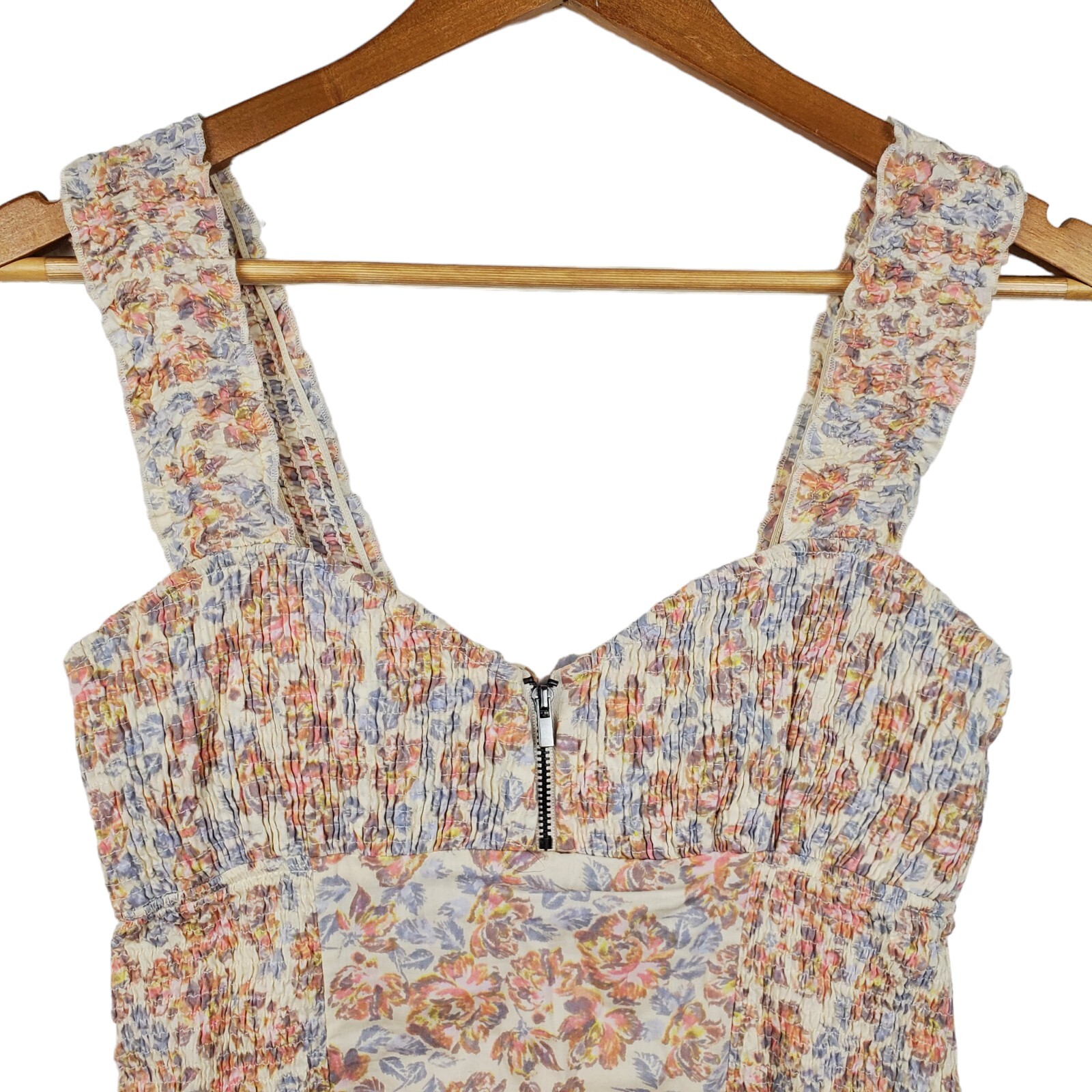 Free People Intimately Beige Purple Pink Floral Smocked Straps Mini Dress Sz XS