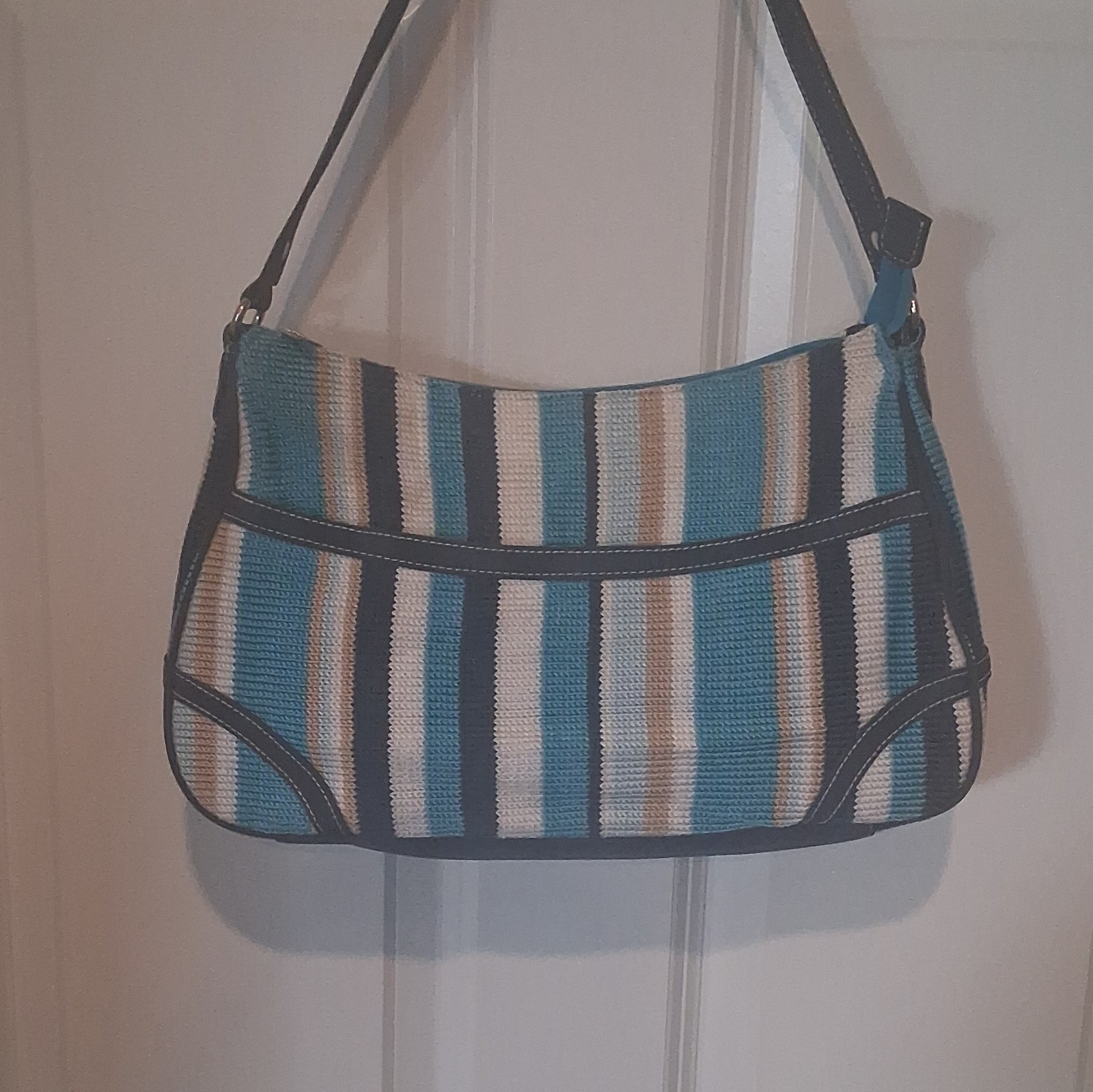 The Sak Striped Shoulder Bag Blue White Beige Black Zip Closure Pockets Lined