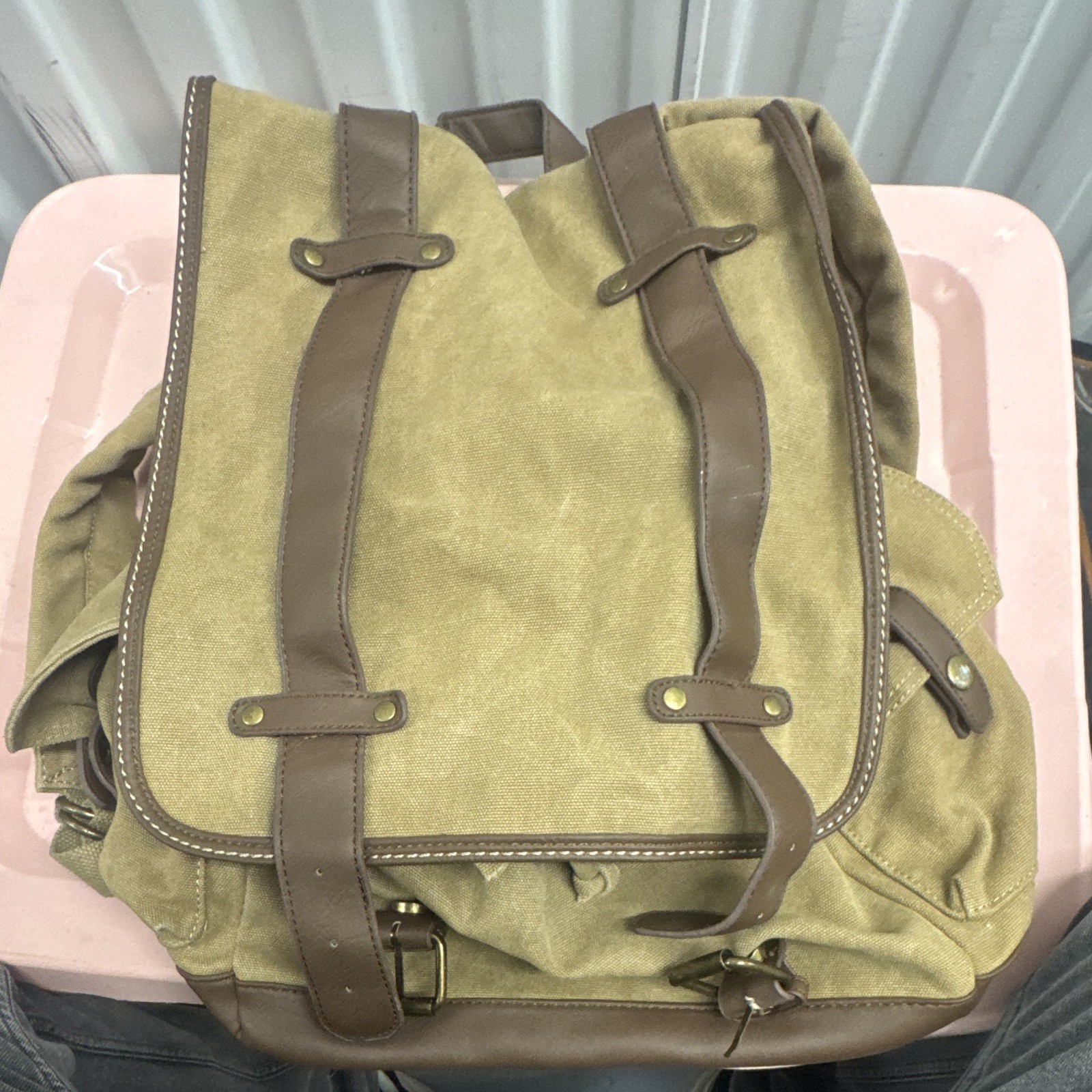 Vtg Canvas Backpack Leather Straps Buckles Brown Khaki Rucksack Mountaineering