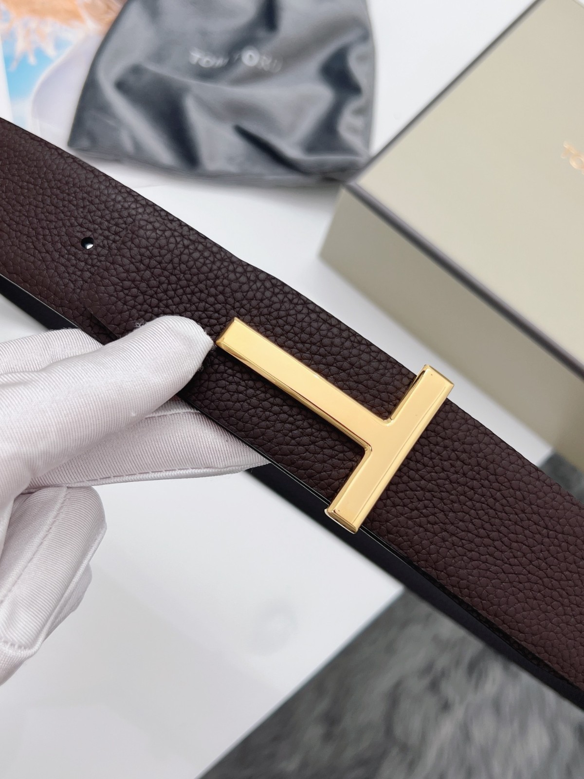 Tom Ford Belt Reversible Gold T-Buckle, Brown/Black Calfskin Leather