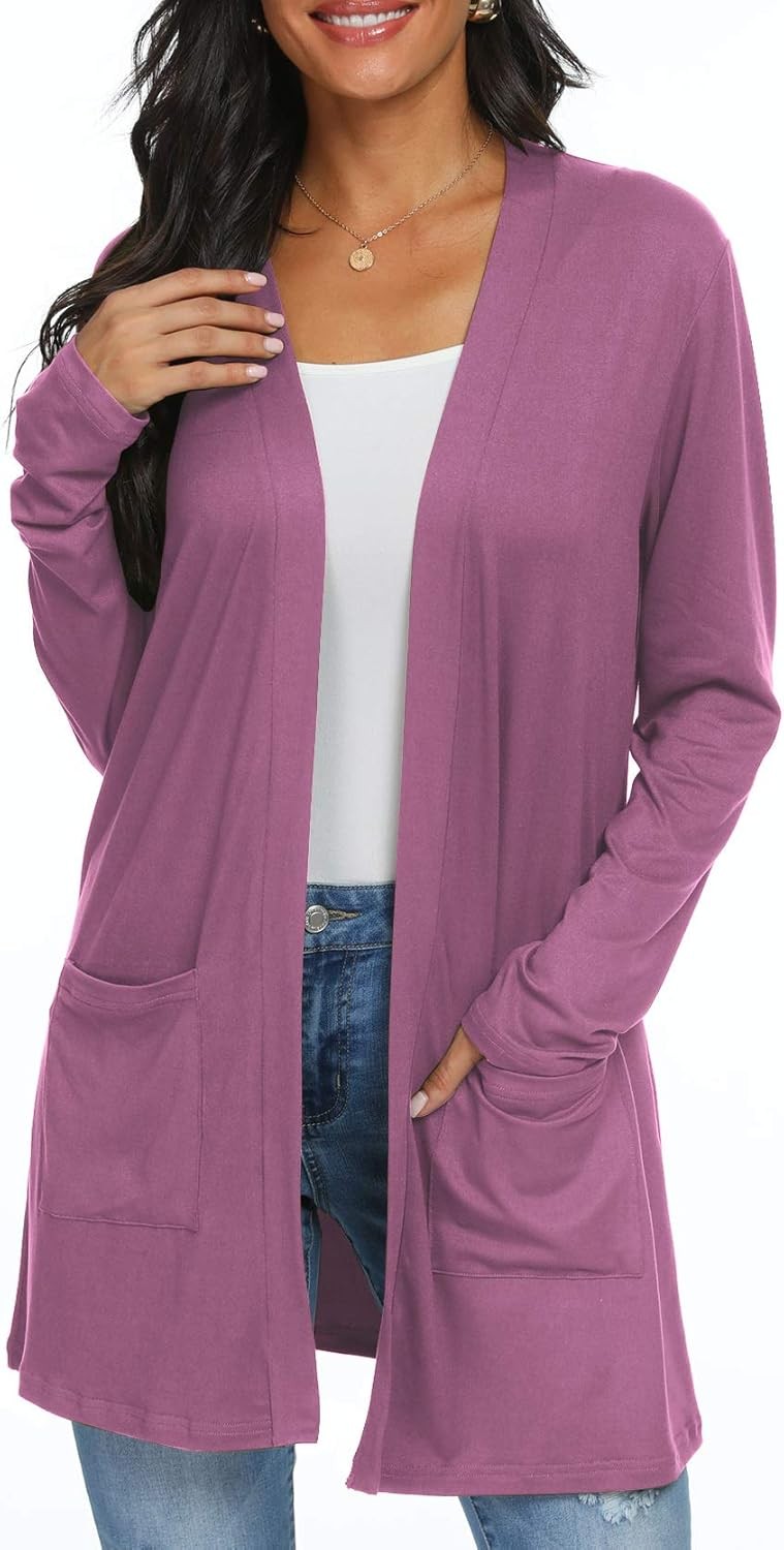 Womens Open Front Long Sleeve Cardigan Lightweight Casual Knit Sweater