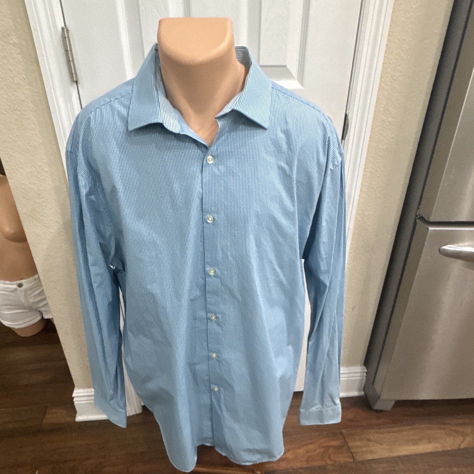 Perry Ellis Men’s 18 2XL Blue Geometric Stretch Long Sleeve Collared Dress Shirt