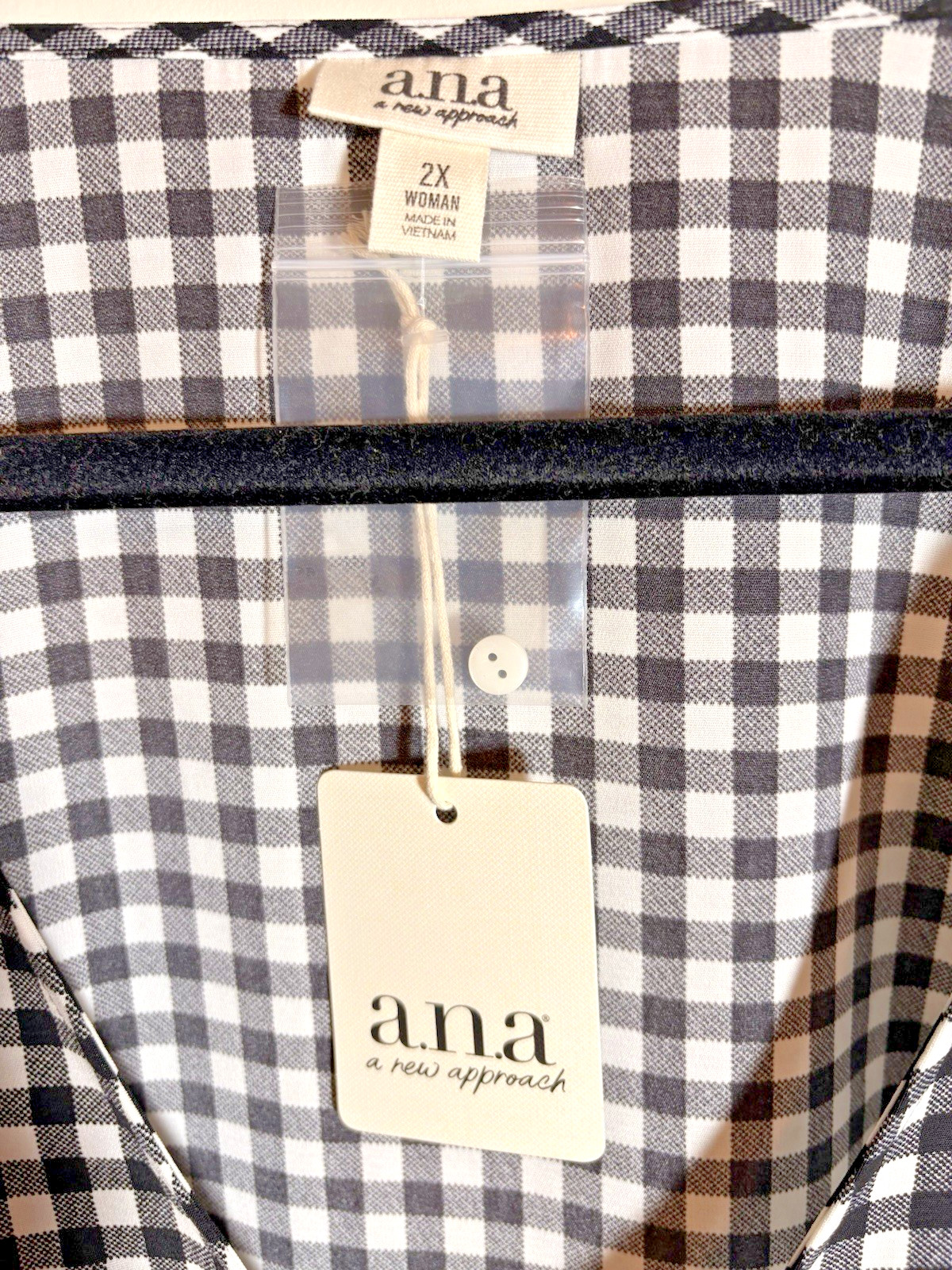 a.n.a Gingham Blouse Drawstring V-Neck Peasant Sleeves Black/White Cotton 2X NWT