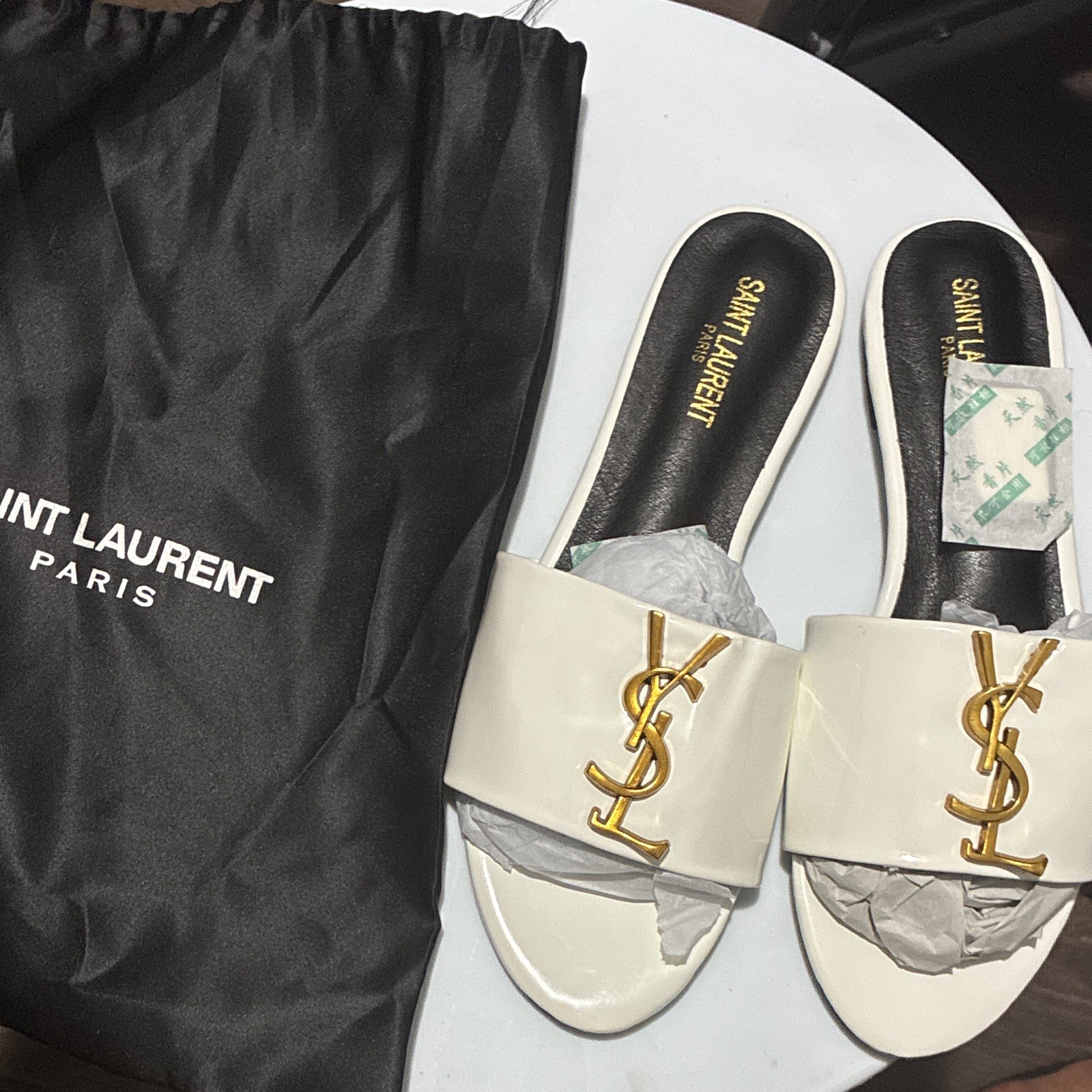 Saint Laurent White Leather Women’s Slide Sandals Slip On Straps Gold Logo 8.5