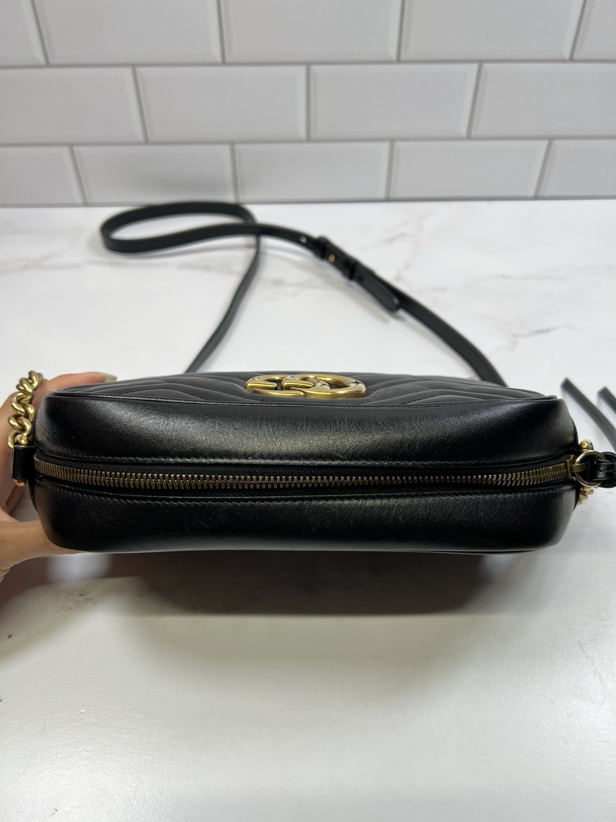 Gucci GG Matelasse Marmont Chain Leather Zip Camera Crossbody Bag Purse
