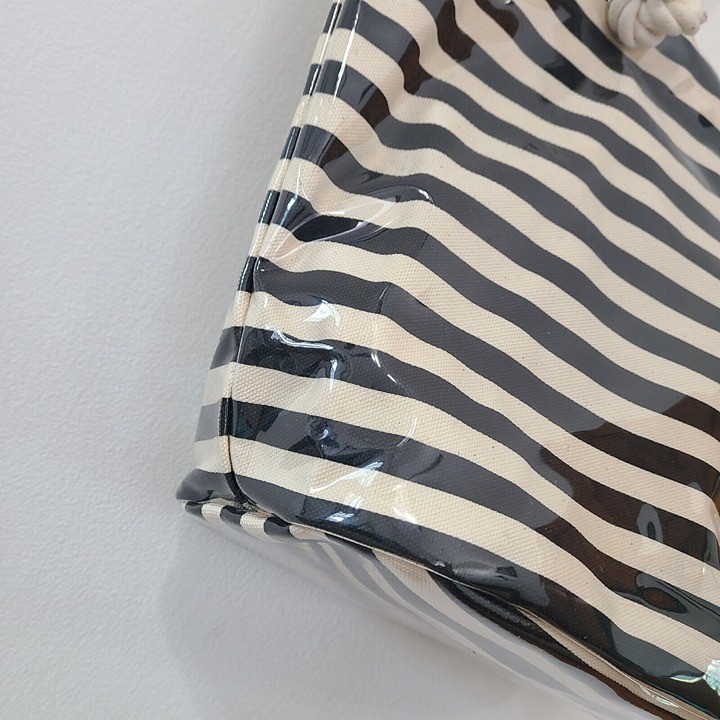 NWOT Agnes B. Striped Beige Black Canvas Vinyl Beach Tote Bag