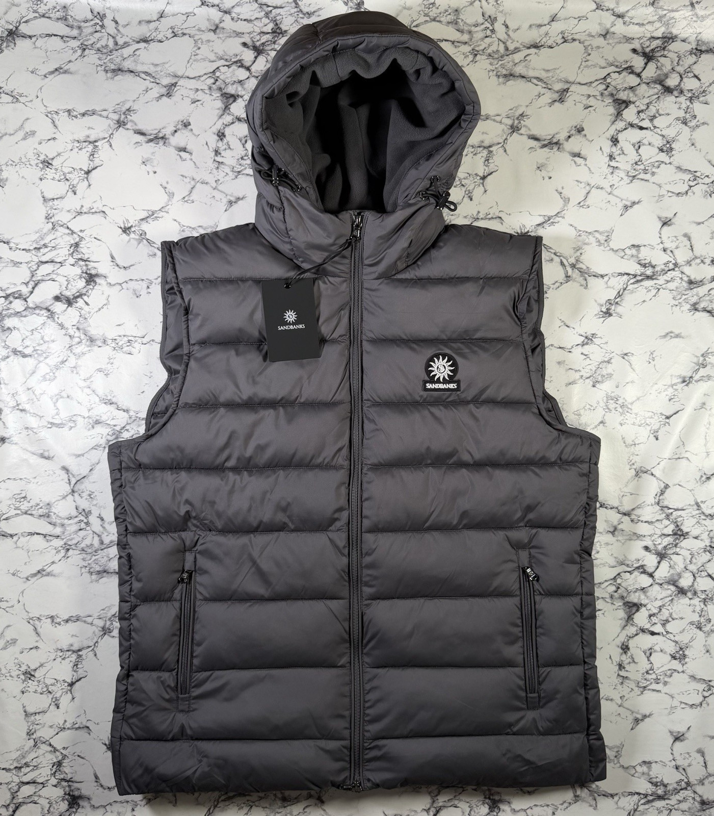 SANDBANKS Mens Charcoal Frontier Hooded Puffer Gilet SIZE 2XL BNWT Authentic