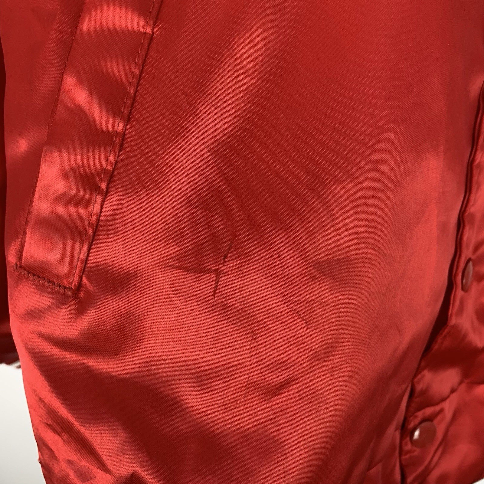 Vintage Satin Bomber Jacket Size Small Red USA Company Truck Logo American Retro