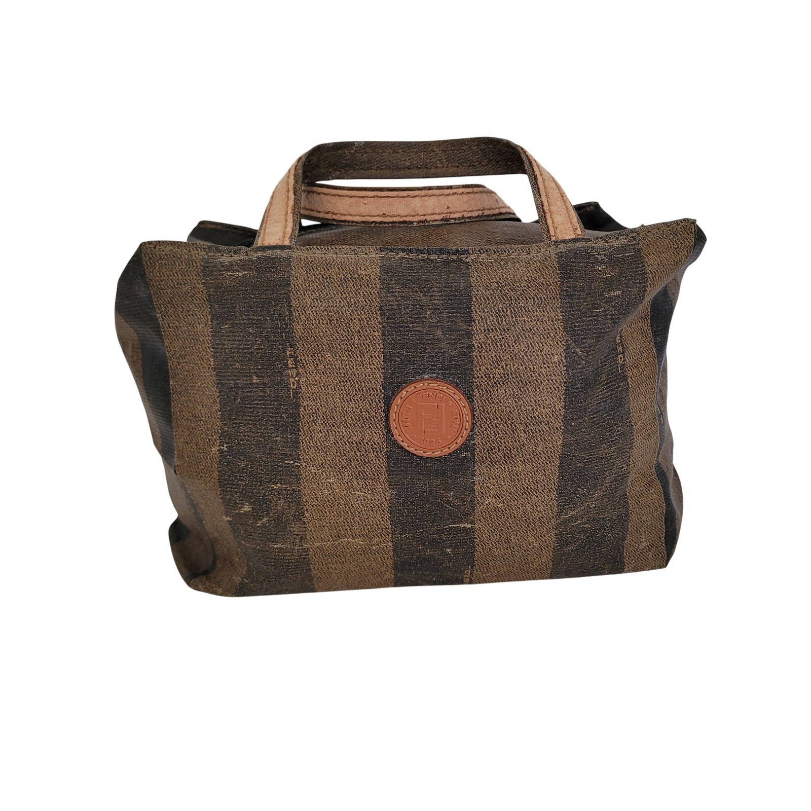 Vintage Fendi Pequin Stripe Vanity Bag Brown Black Coated Canvas Handbag FF Logo
