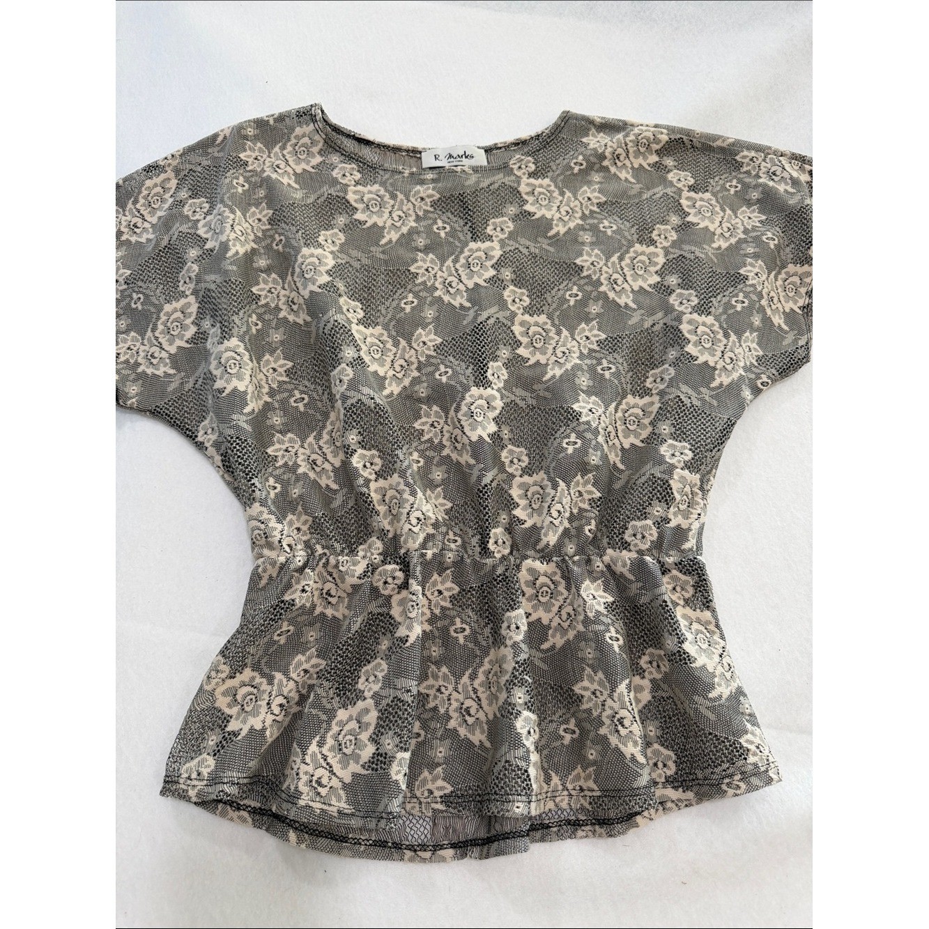 Vintage R Marks New York Sheer Lace Peplum Blouse Black Ivory Floral Mesh Top M