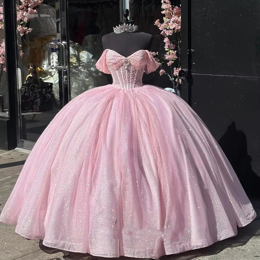 Pink Off Shoulder Sparkly Quinceanera Dresses Glitter Corset Ball Gown Princess