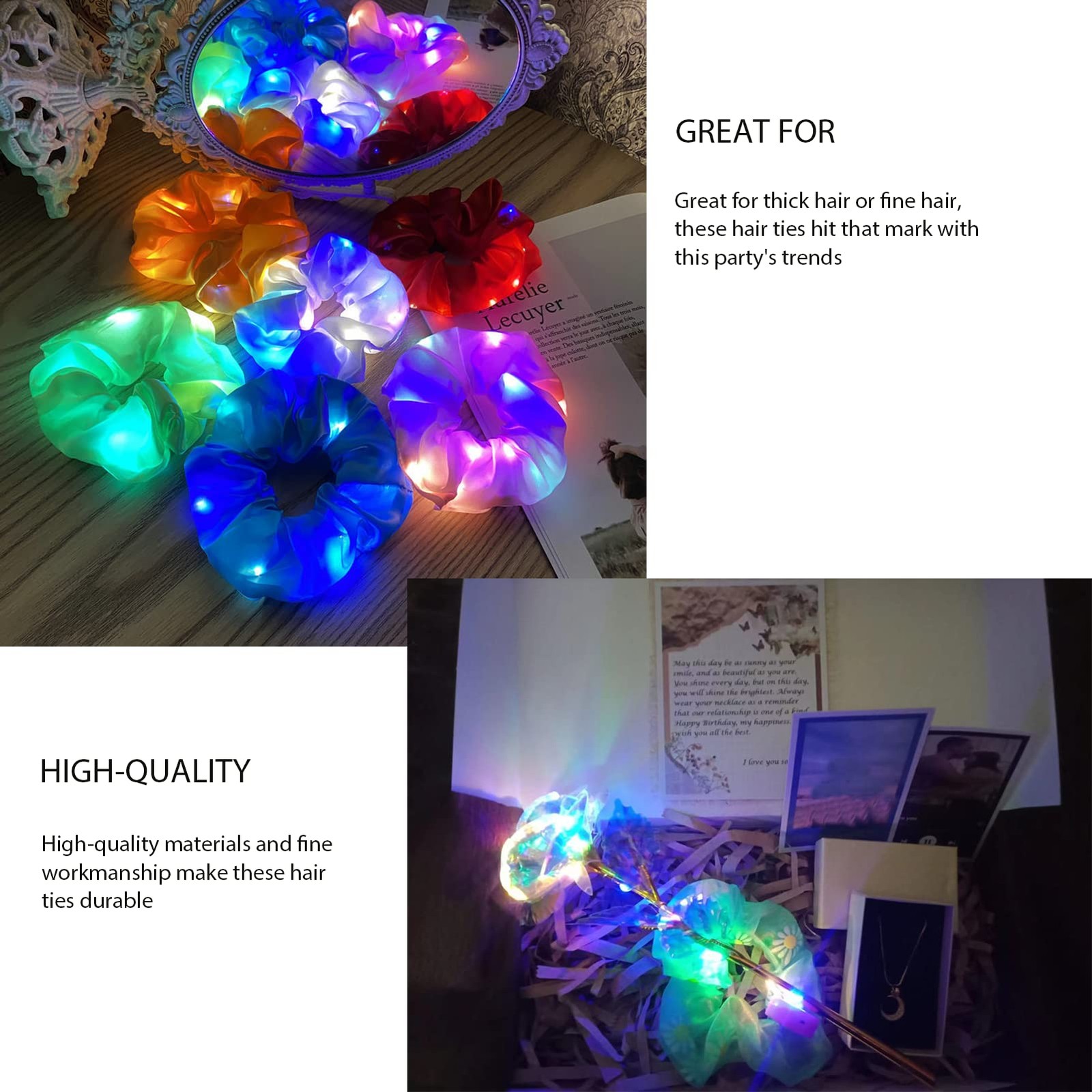LED Scrunchies, 6 Pcs Light 1 Count (Pack of 6), Blue,Green,White,Pink,Purple