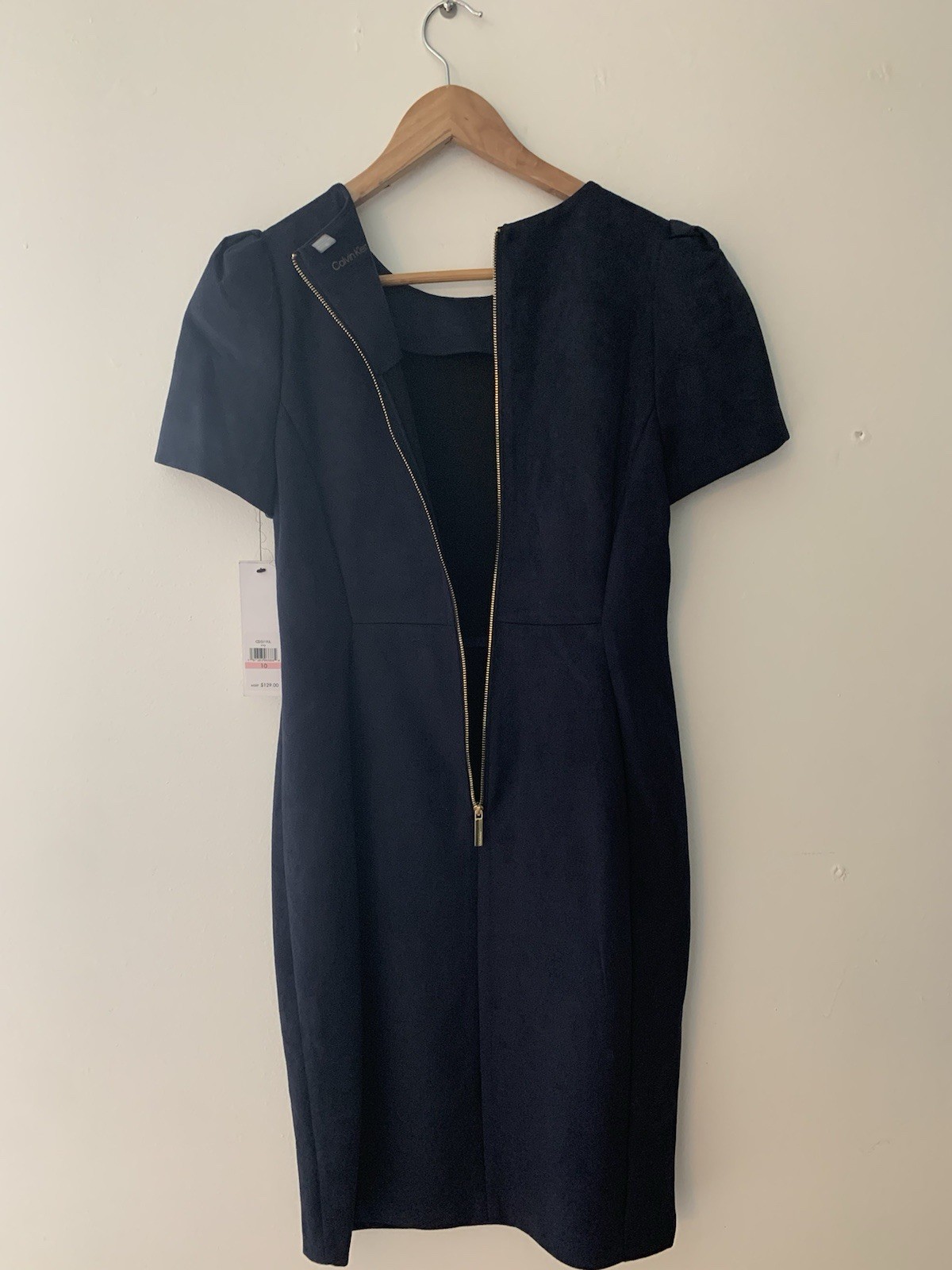 NWT Calvin Klein Pencil Dress 10 Navy Puff Sleeve Wear To Work Office Hourglass