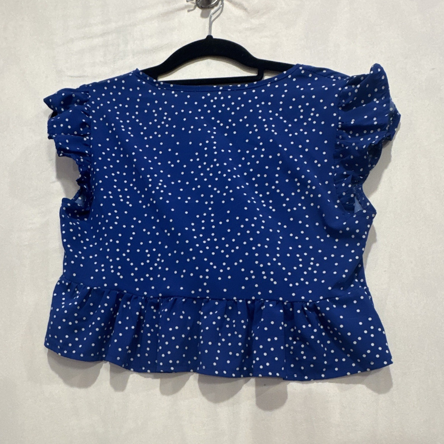 Shein Women’s Blue/White Polka Dot Round Neck Puff Sleeve Ruffle Blouse, S
