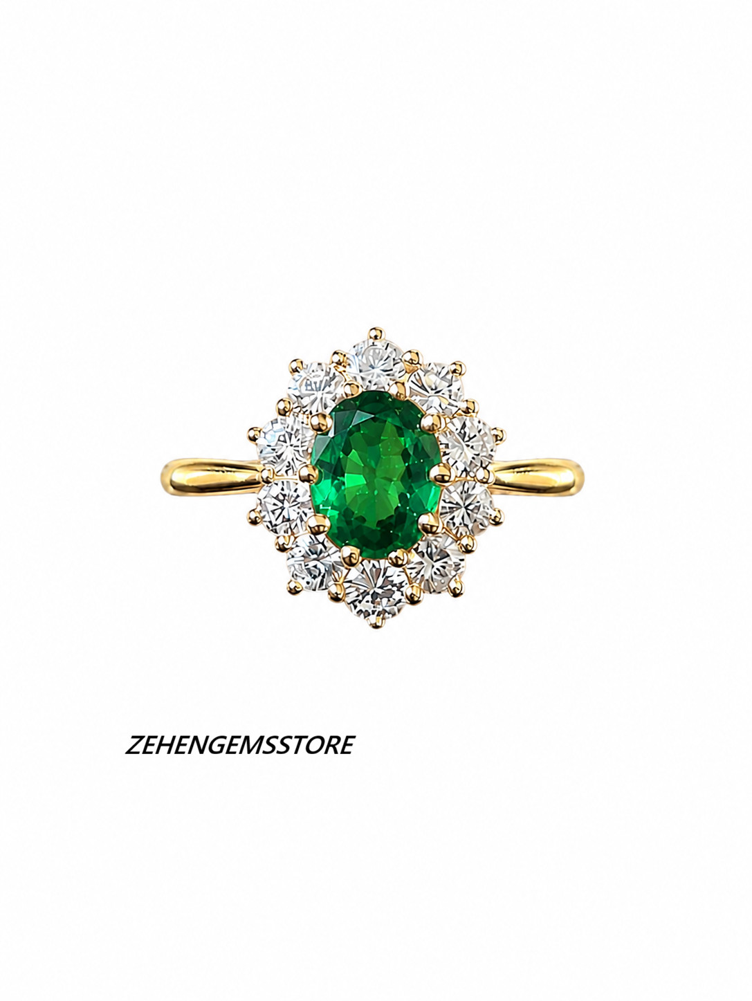 Emerald LabCreated Halo Ring Oval Green Gemstone Gold Plated 925 Sterling Silver