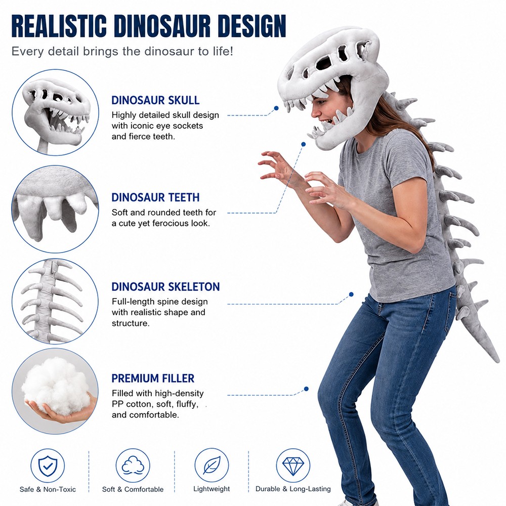 Dinosaur Skeleton Costume for Kids Halloween Cozy Plush 3D Dino Toy Skull Spine