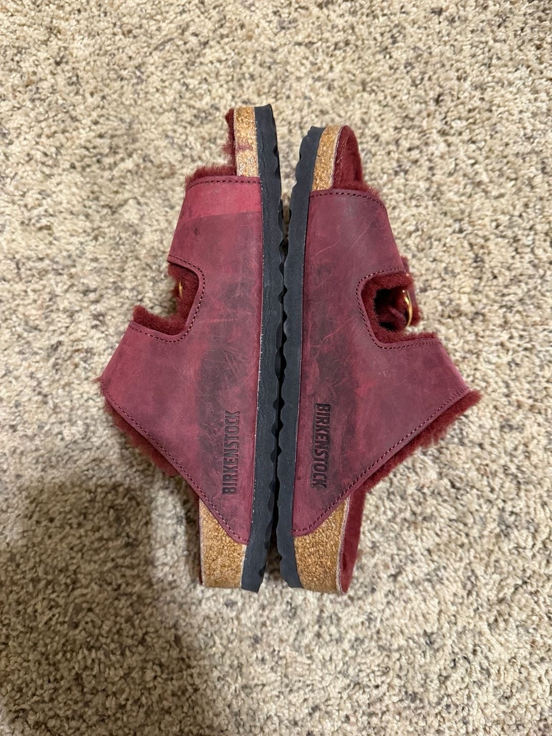 Birkenstock Arizona Big Buckle Shearling Oiled Leather Sandals Maroon Size 36