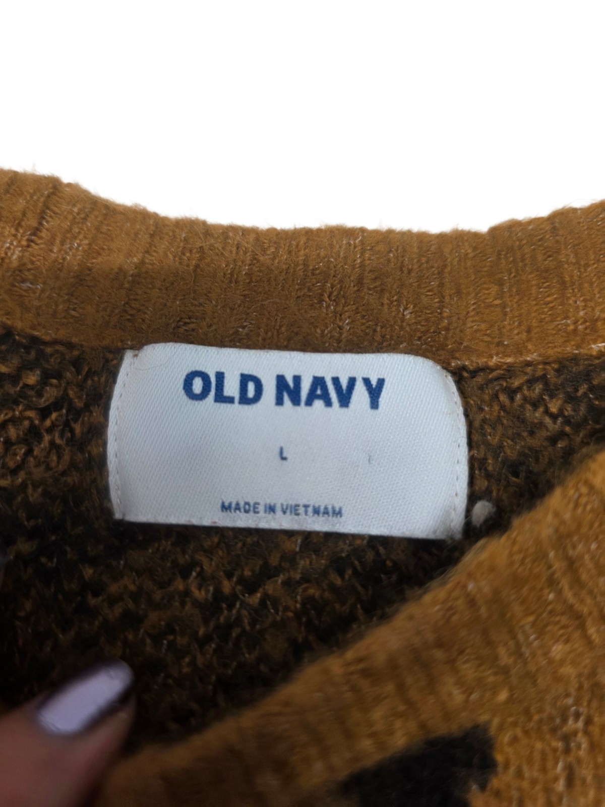 Old Navy Fuzzy Leopard Animal Print Sweater Sz Large Camel Brown Black Cozy Fall