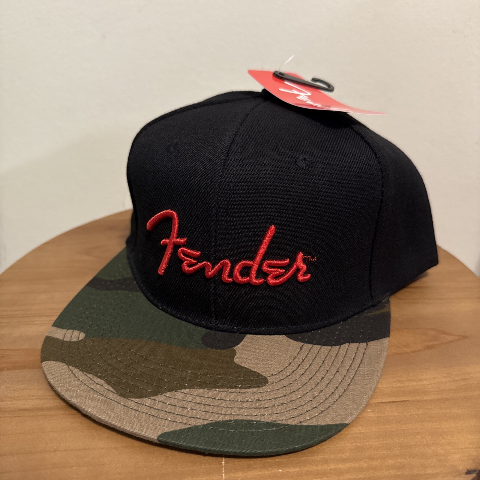 NWT Fender Guitar Red Logo Black and Camo Flatbill Snapback Hat Baseball Cap