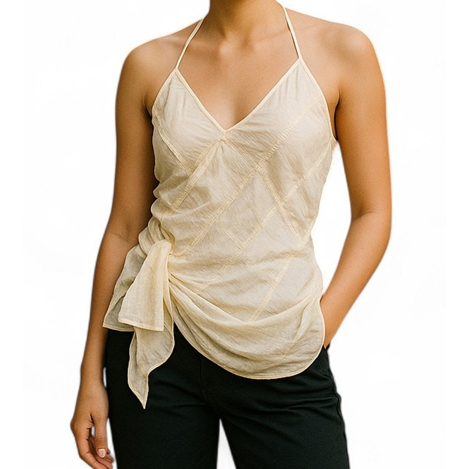 Zara Crinkle Halter Top Ivory Festival Lagenlook Asymmetric Backless Size Large