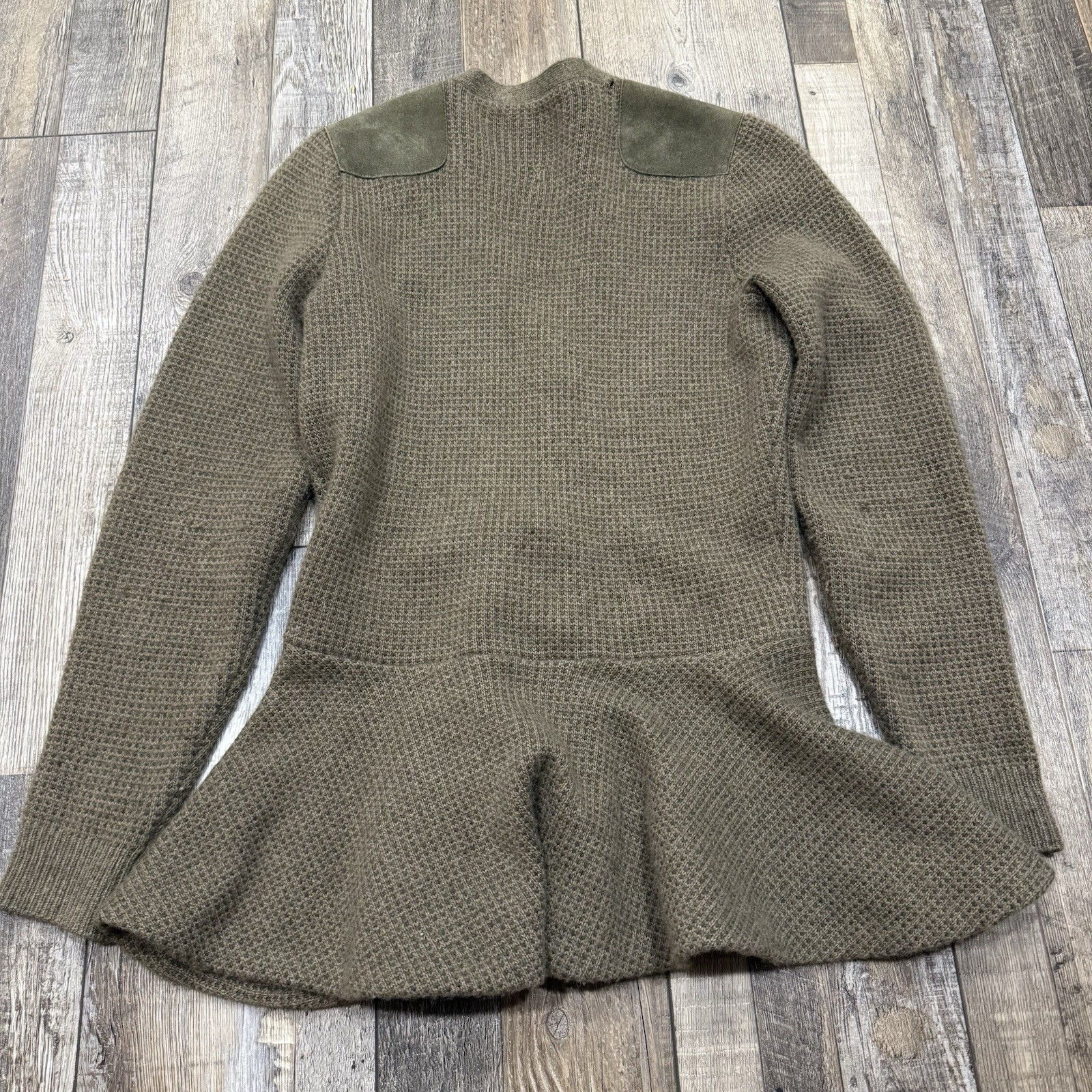 Polo Ralph Lauren Purple Label Olive Brown Textured Knit Suede Shoulder Cardigan