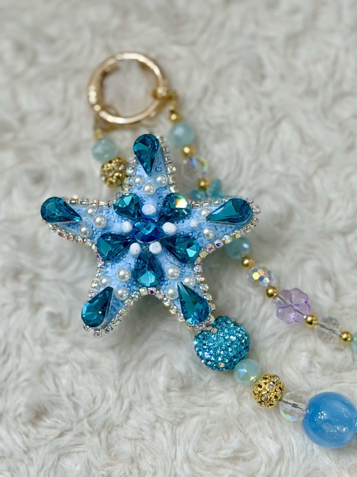 Crystal Light Blue and Gold Starfish Handbag and Keychain Charm