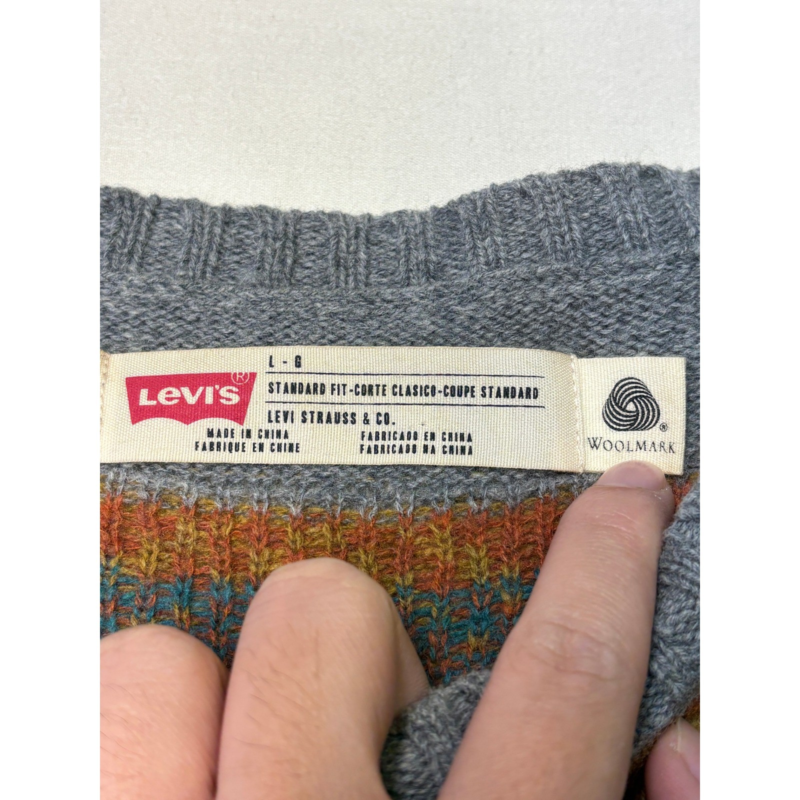 Levi Strauss Co Mens L Geometric Pattern Wool Blend Sweater Gray Orange