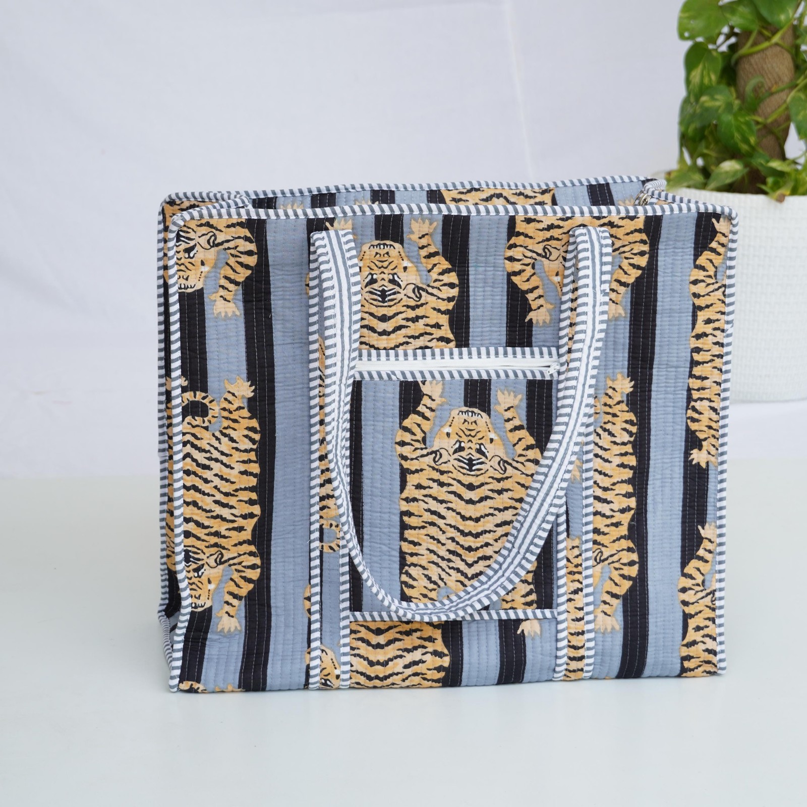 Handmade Cotton Tote Bag Grey Black Tiger Print Boho Shoulder Shopper Bag