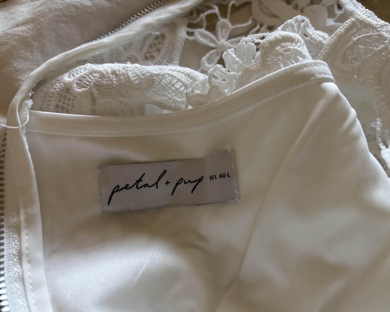 PETAL & PUP BECCA WHITE LACE OVER SLIP MIDI DRESS HIGH NECKLINE CAP SLEEVE SZ L