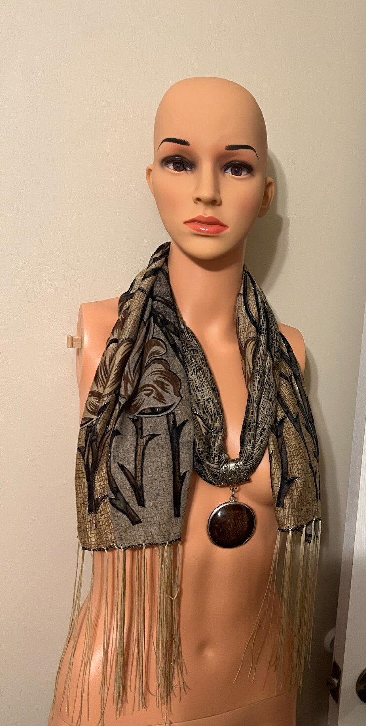 UNKNOWN MAKER FRINGED TASSELS SHAWL WRAP SCARF 76 X 17 IN W/CABOSHON PENDANT