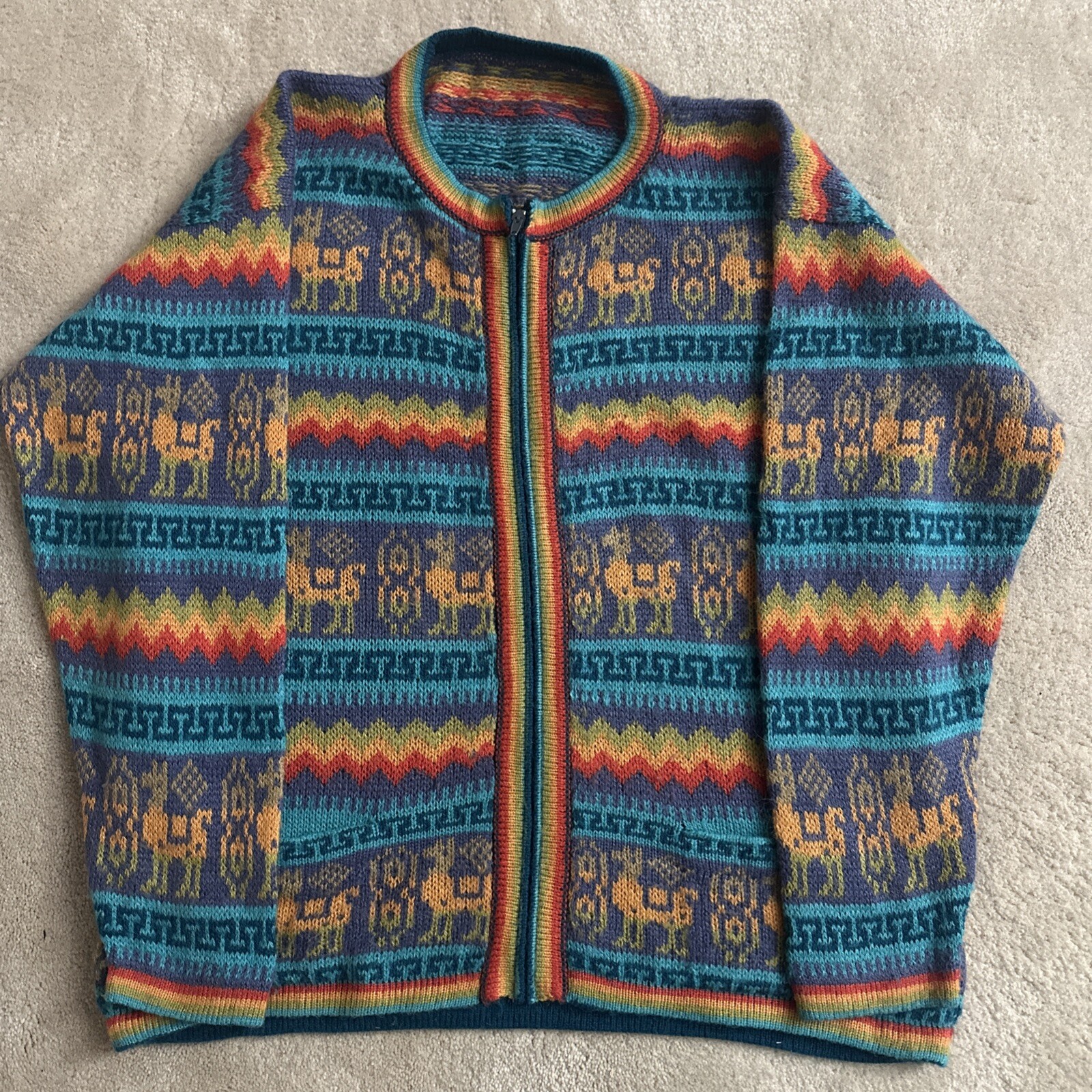 Vintage 100% alpaca wool alpaca pattern zip up cardigan pockets 42” chest