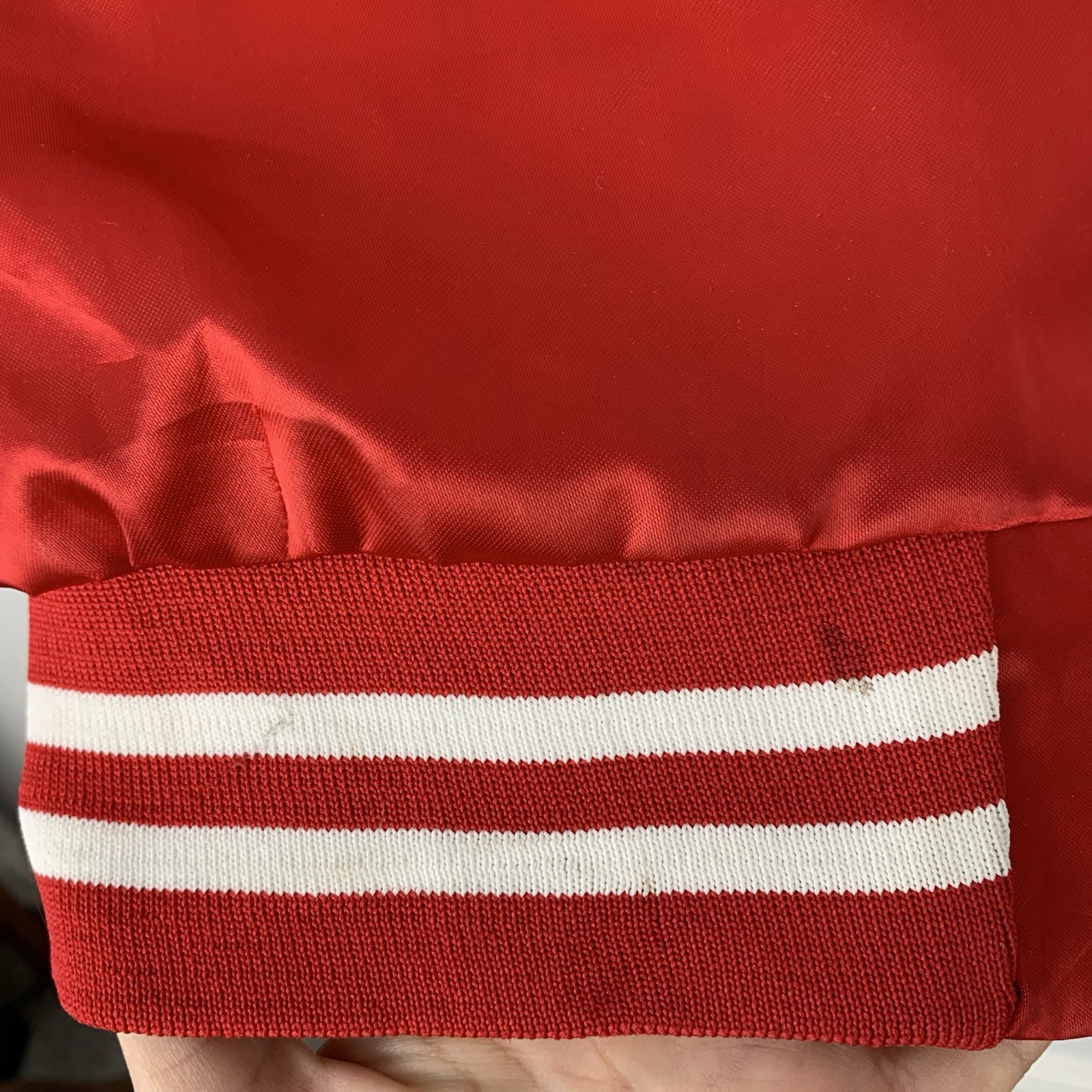 Vintage Satin Bomber Jacket Size Small Red USA Company Truck Logo American Retro
