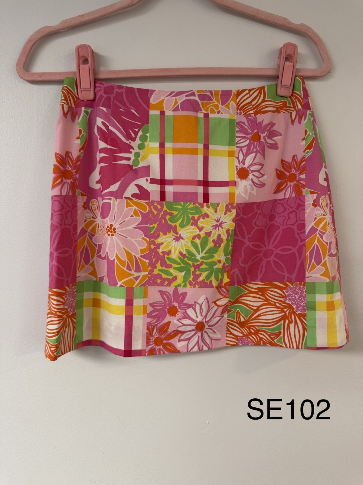 Lilly Pulitzer Patchwork Mini Skirt Size 2 Pink Floral Plaid Preppy Cotton