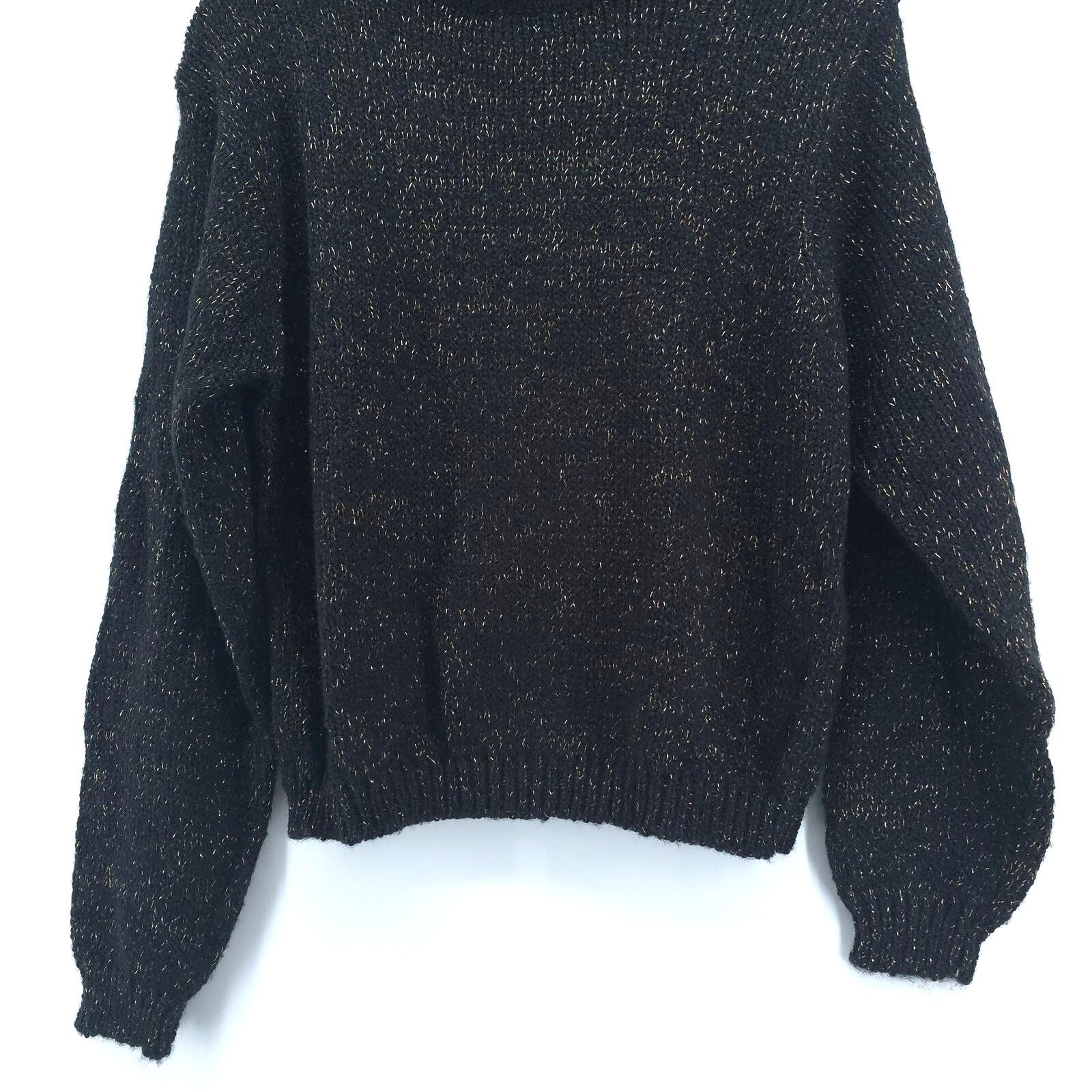 Vintage Toi Turtleneck Thick Ribbed Black & Gold Metallic Sweater Gold Buttons L