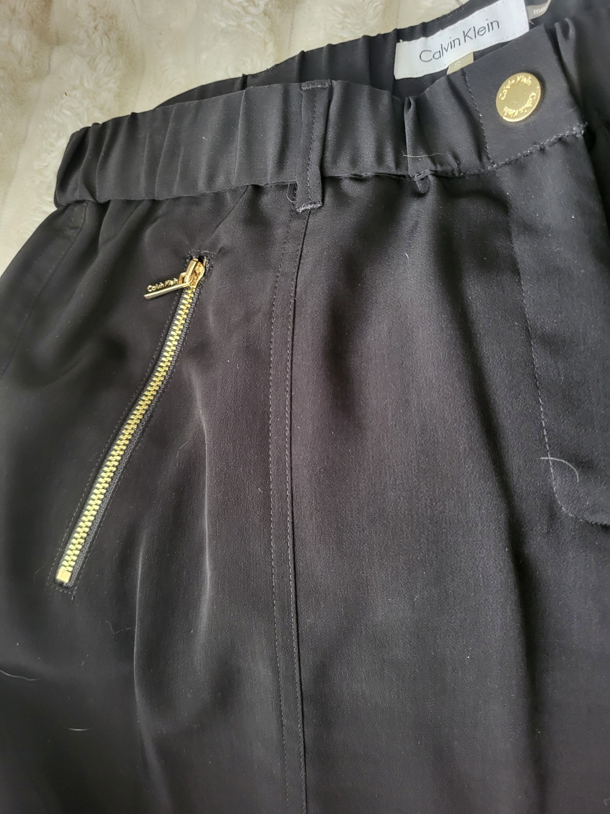 Calvin Klein Ladies Pants Small 30″ Black Gold Snap Pockets Button Accent Straps