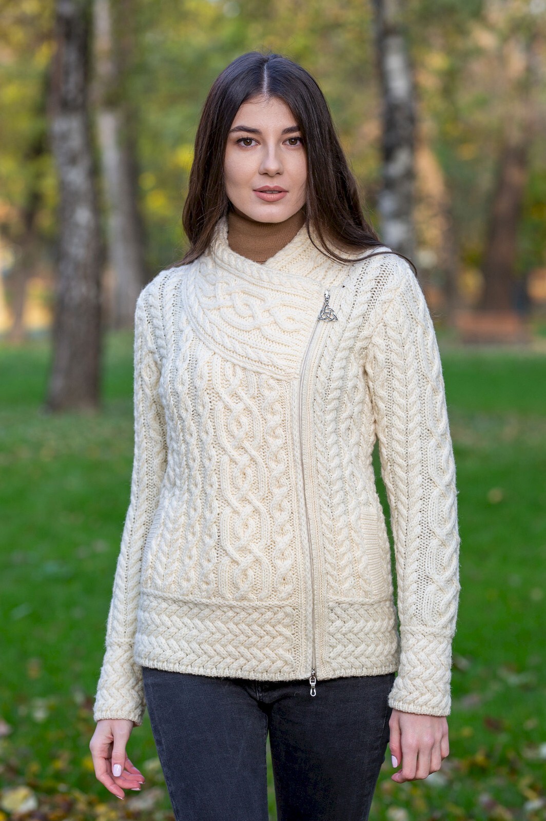 SAOL Cable Knitted Cardigan Women’s 100% Merino Wool Irish Aran Zipper Jacket