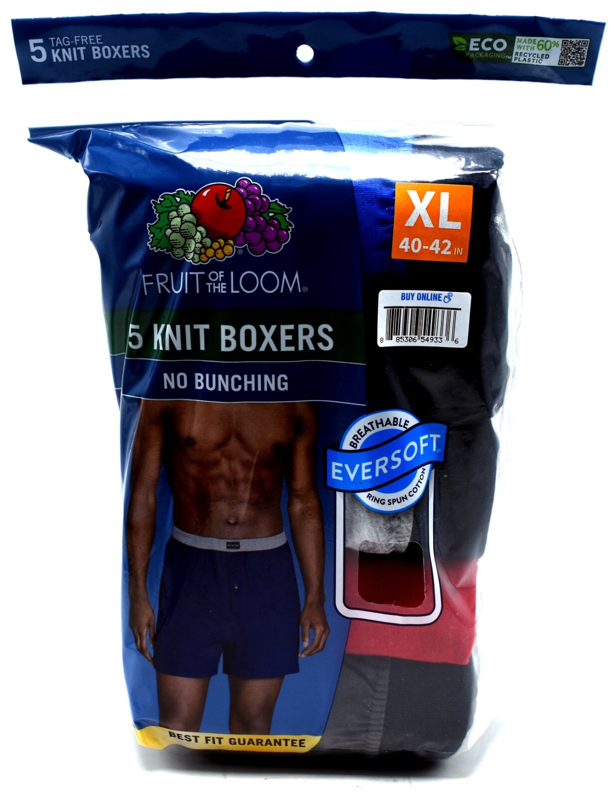 5 Blue Black Red Gray Knit Boxers XL 40-42 Inch Fruit Of The Loom EG 102-107 CM