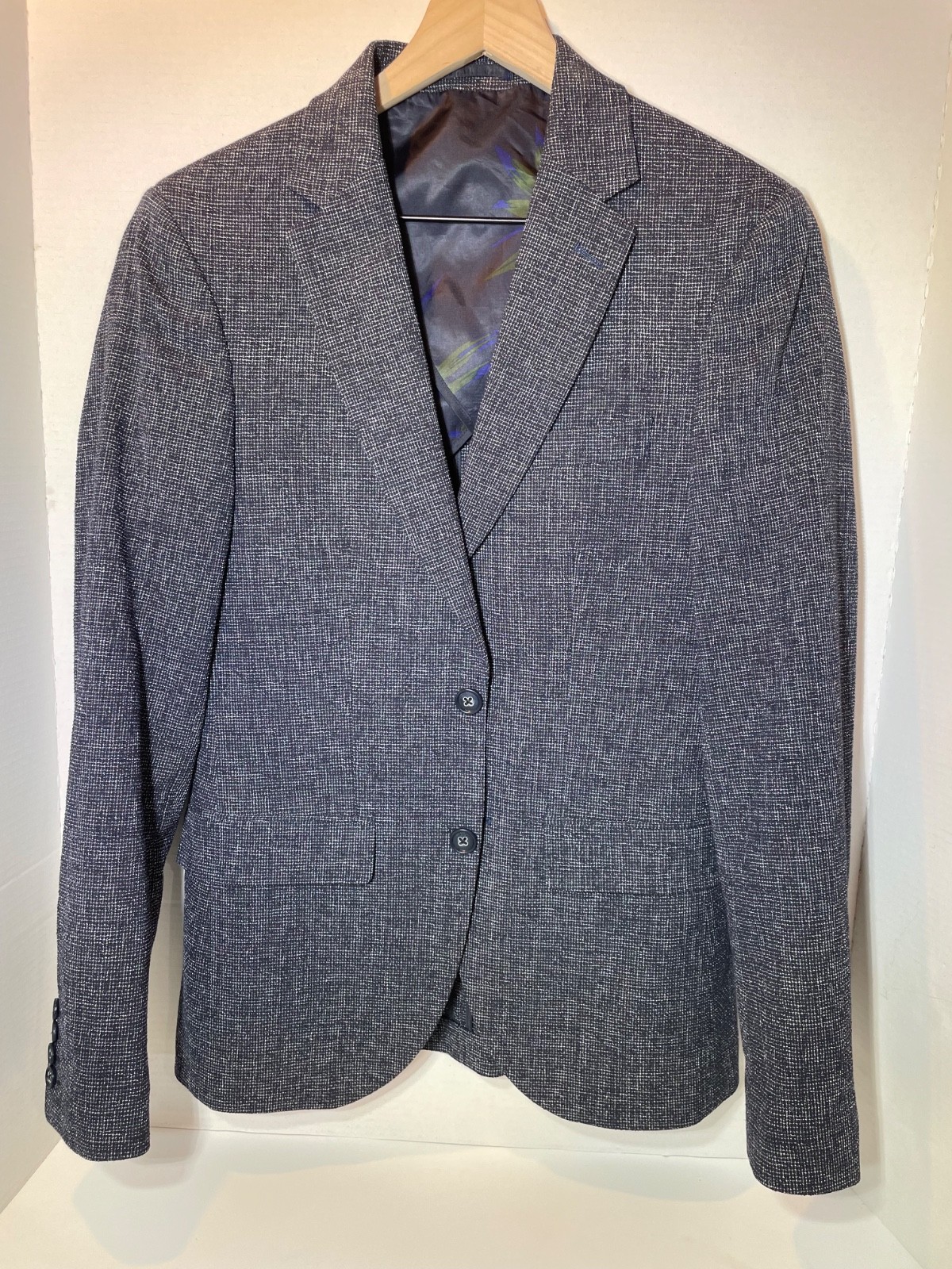 Moss London 40 Men Gray Chevron Slim Fit Tweed Wool-Blend Single-Breasted Blazer
