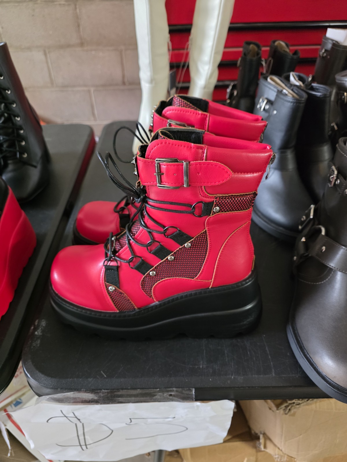 Women’s Size 9, Red And Black, Lace Up, Goth, 3.5in Platform Boots. New.