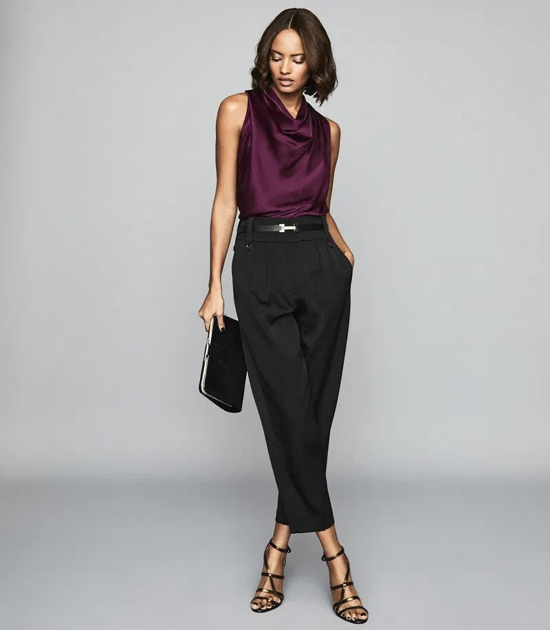 Reiss Laura Bow Detail Satin Sleeveless Cowl Neck Top In Berry Size 14 RRP £115