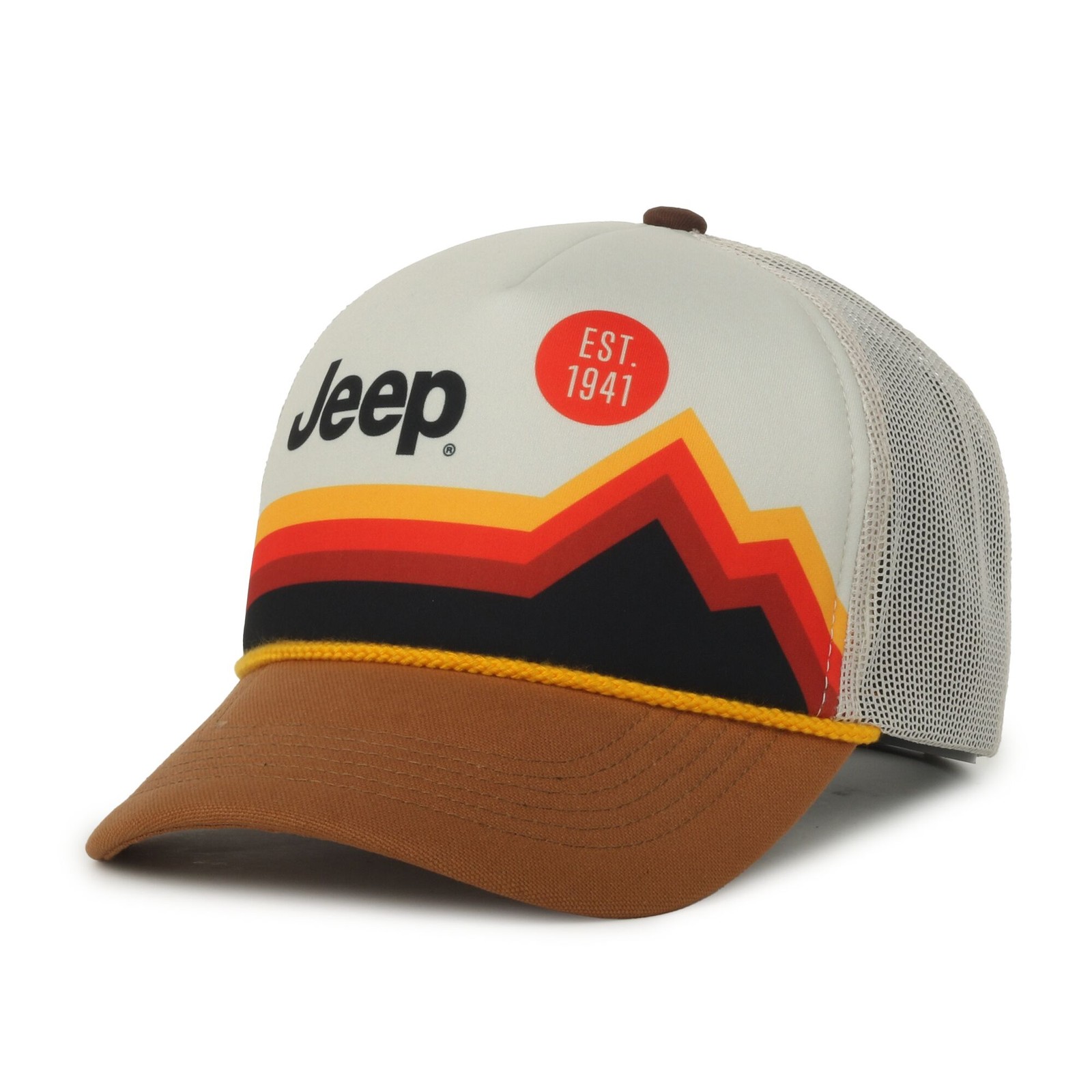 Jeep Retro White Mountain Graphic Trucker Hat Putty Pre-Curved Visor, Mesh Back