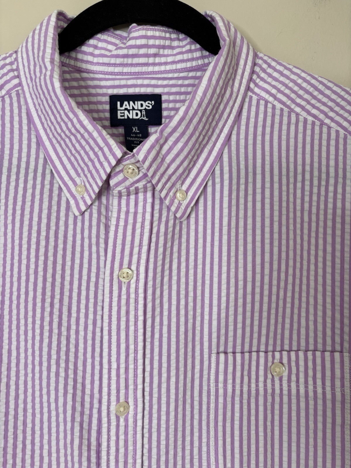 Lands End Men Seersucker Button Down Shirt XL 46-48 Purple/White Short Sleeve