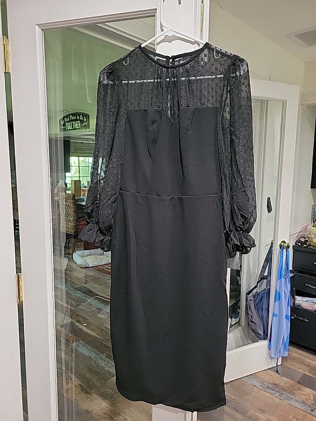 New With Tags Rebecca B Black Swiss Dot Chiffon Long Sleeve Sheath Dress Size 4