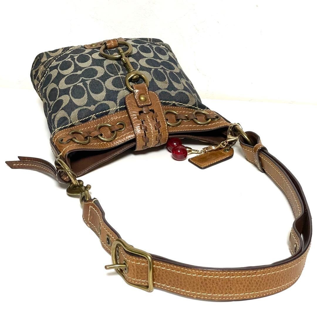 Coach Jackie 10405 Denim Canvas Shoulder Bag Blue Brown Gold Charm 8.7in