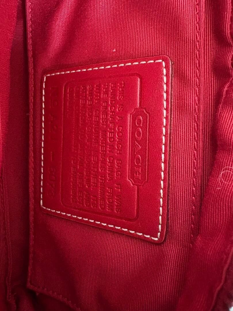 COACH Signature Canvas Leather Red Gray Shoulder Bag Women Zip Compact 22.5cm