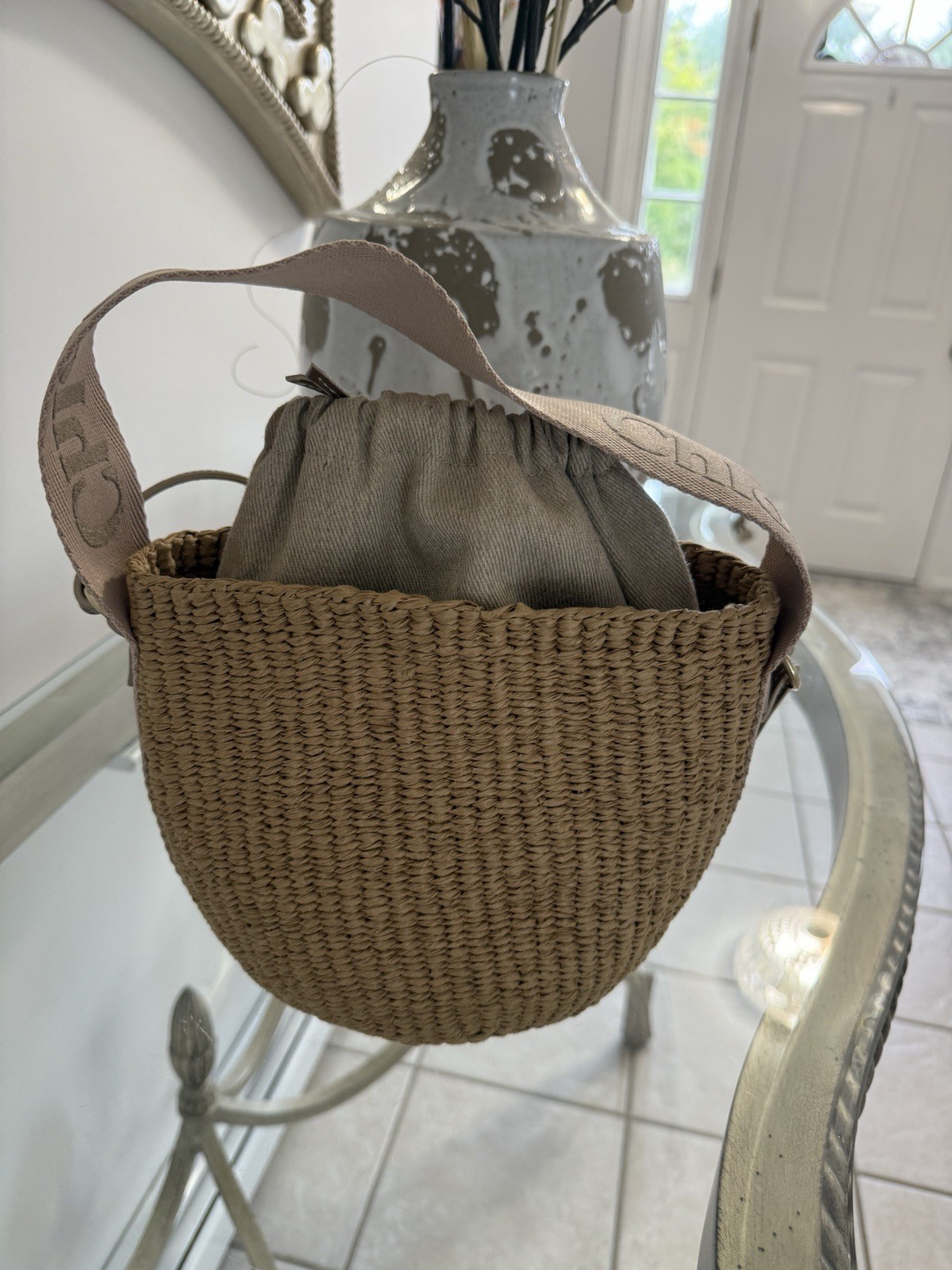 Chloé Woven Straw Small Bucket Drawstring Bag w/ Logo Strap & Pouch