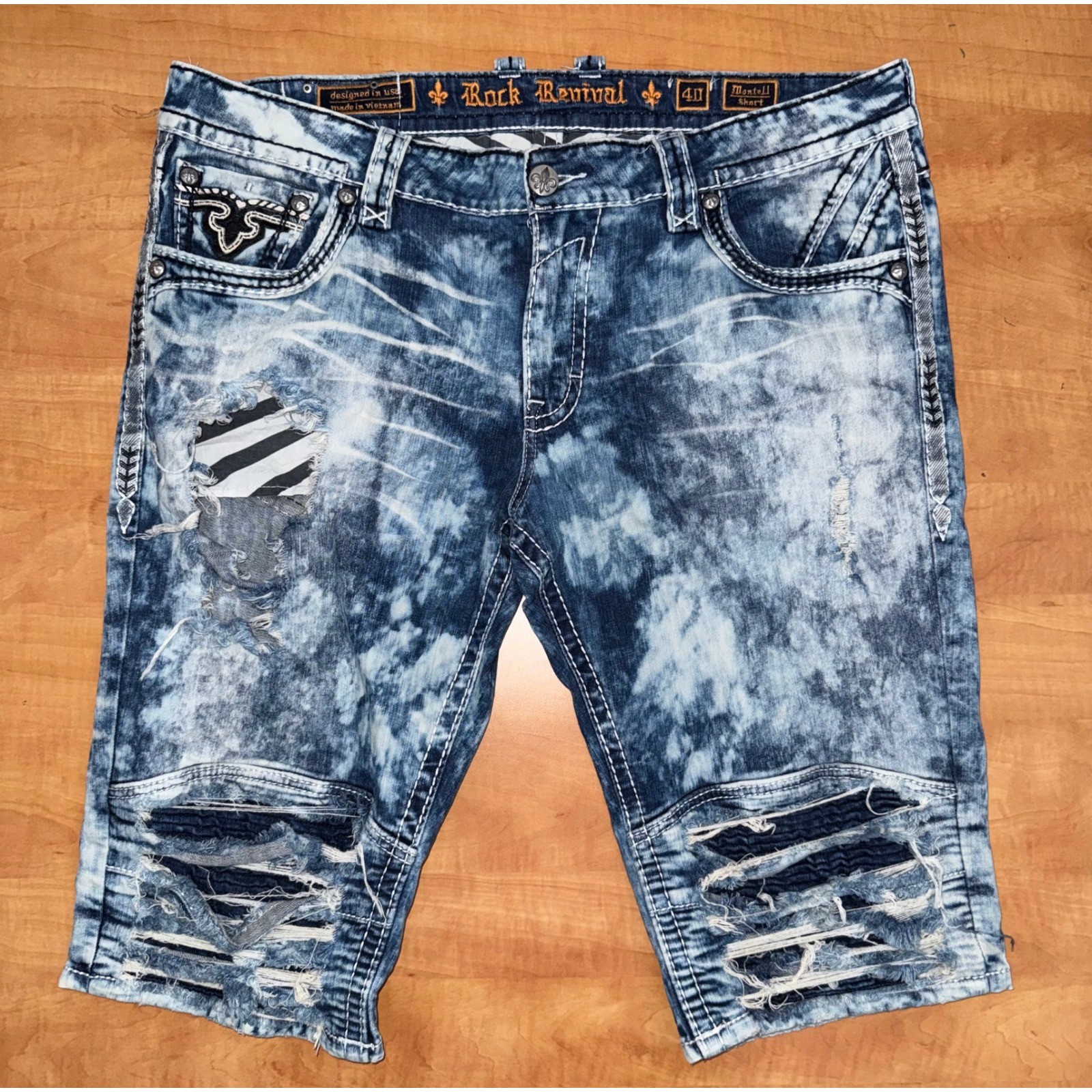 Rock Revival Montell Short Mens 40 Blue Acid Wash Distressed Moto Denim Shorts