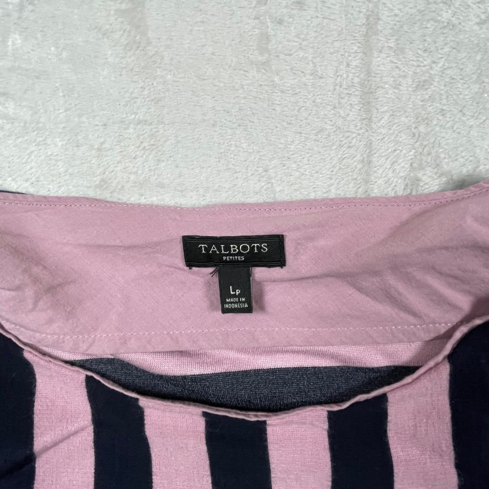 Talbots Petites Women’s Pink Black Striped 3/4 Sleeve Top w/ Zipper Accent