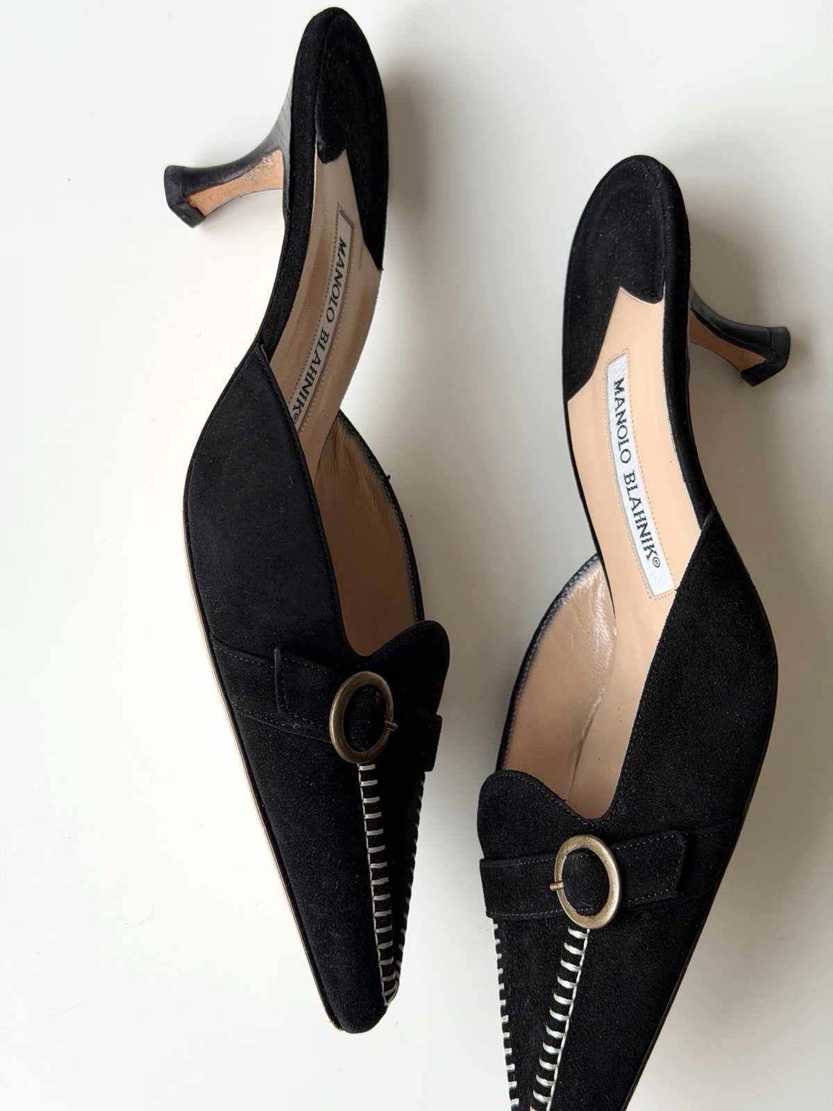 Manolo Blahnik vintage black suede mules, IT 38, ~ US 7.5-8, kitten heel: 2”